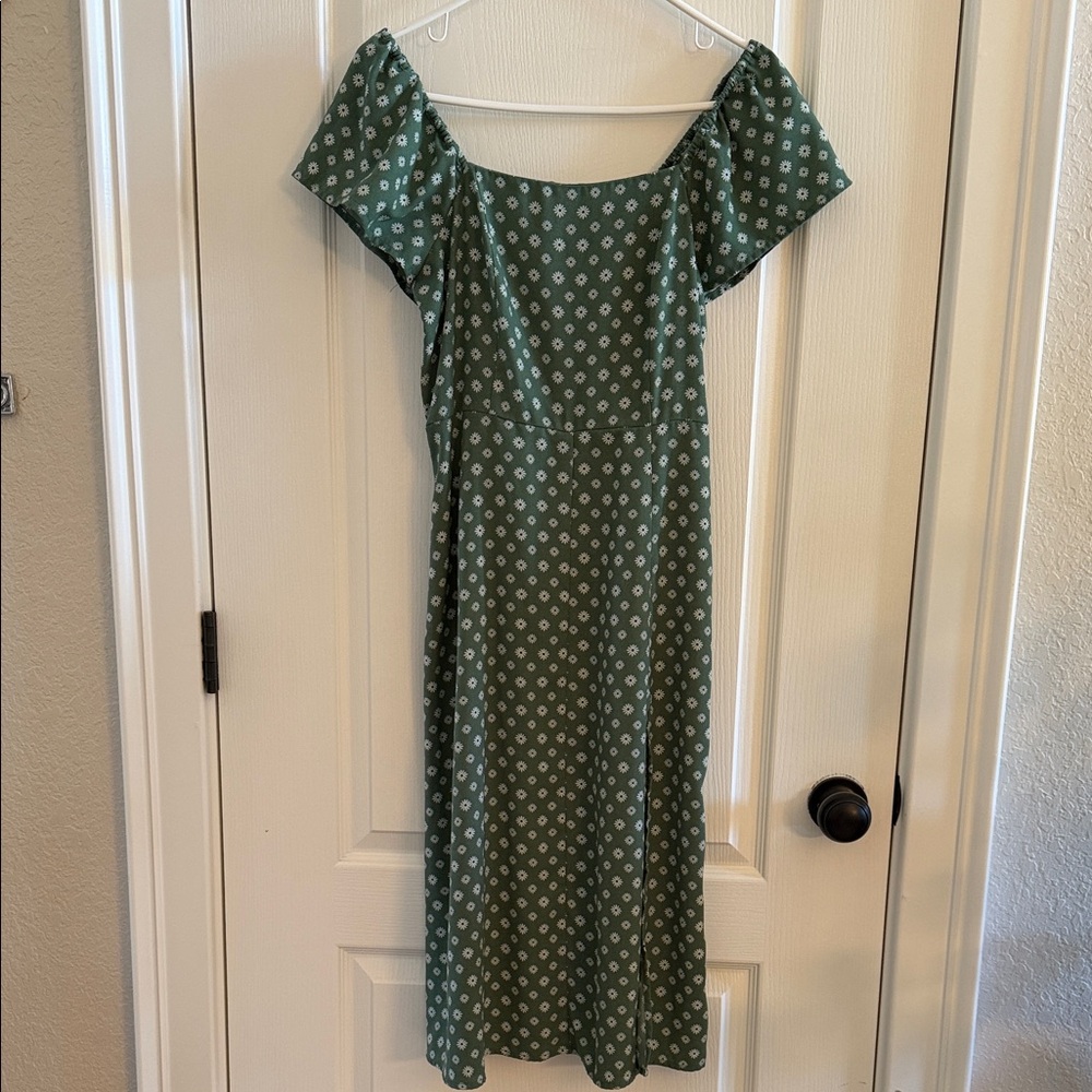 Abound Dark Green Off-Shoulder Midi Dress with White snowflake Print